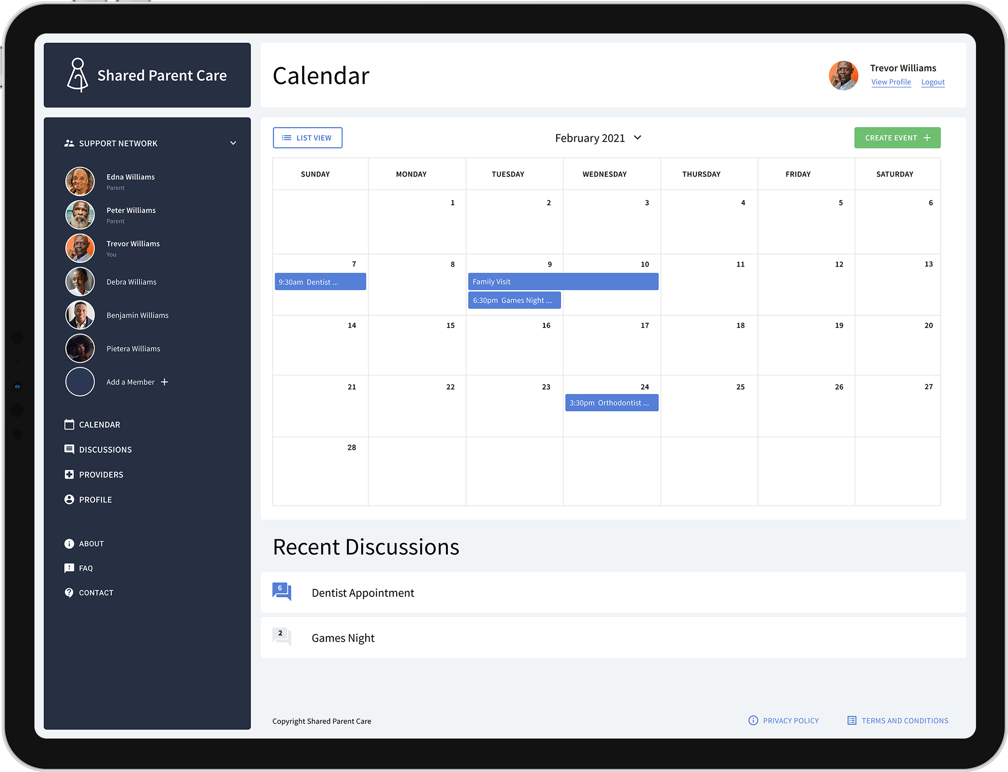 Shared Parent Care Calendar Screen