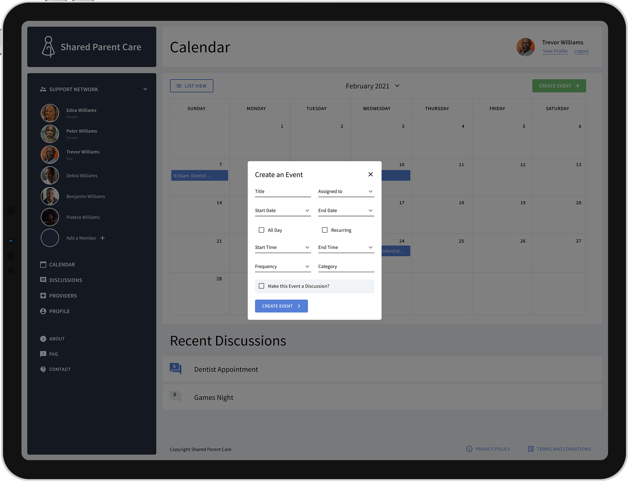 Shared Parent Care Create an Event Screen